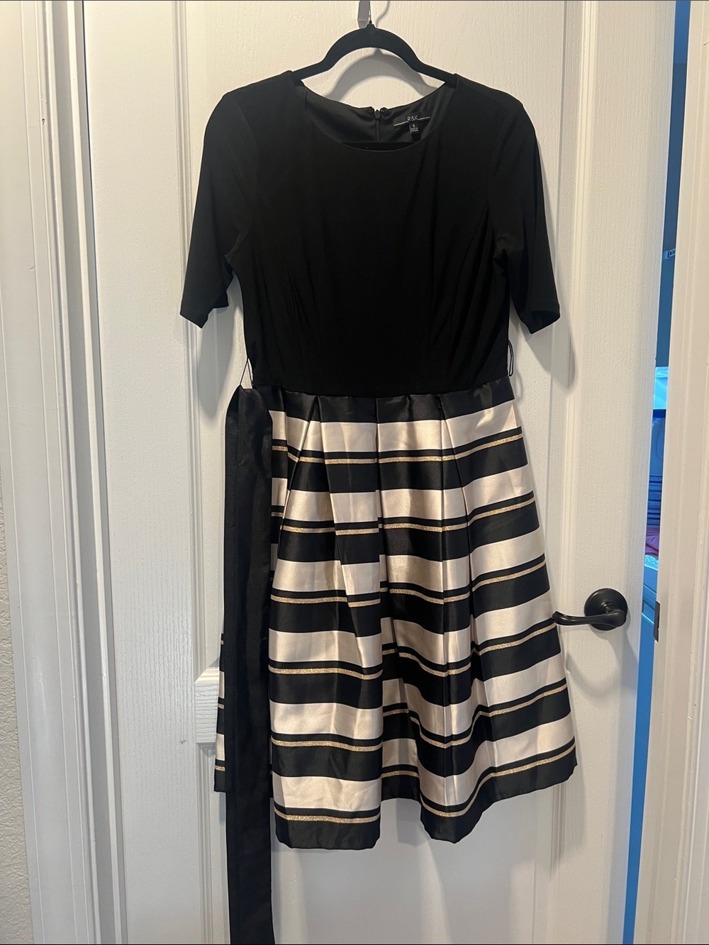 R&K Black and Ivory Striped Midi Fit-and-Flare Dress